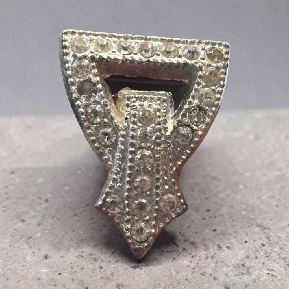 Art Deco Rhinestone Shield Dress Clip Silver Tone Old Hollywood Glam